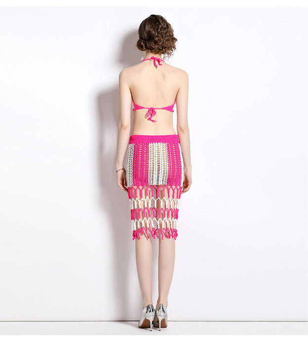 New Chest Hanging Neck Vest and Tassel Bag Hip Half Skirt Hollowed Out Two-Piece Summer Suit