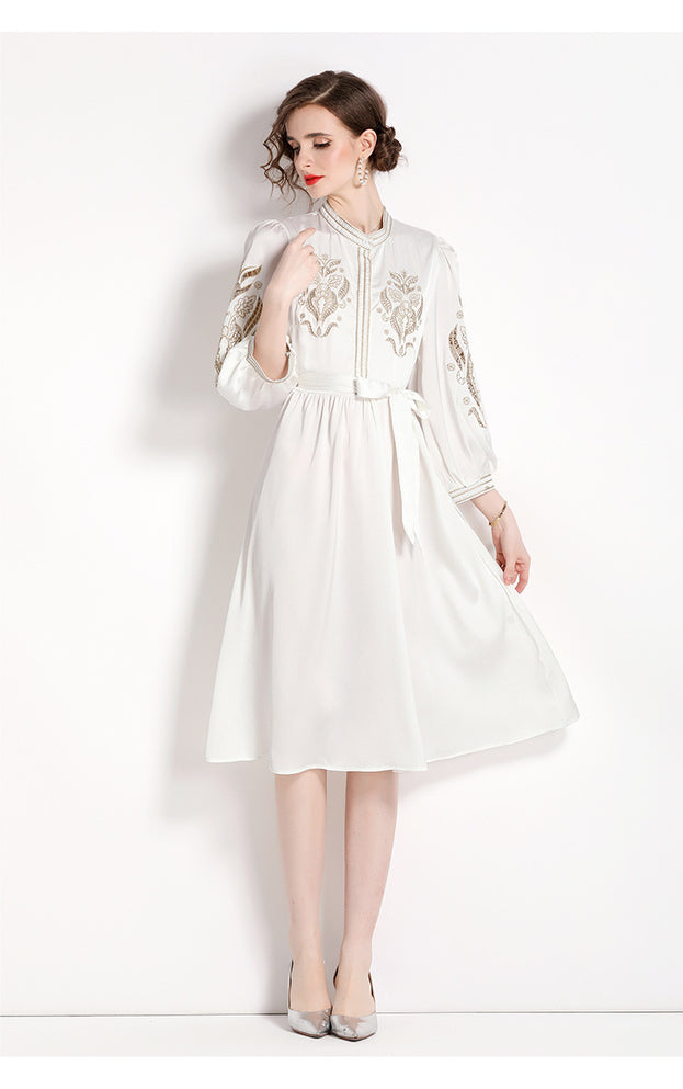 Heavy  Embroidered Lantern Sleeve Slim Dress