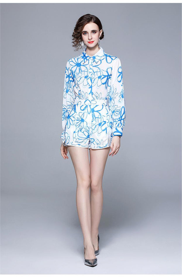 Lapel Chiffon Print Slim Temperament Fashion Shirt and Shorts Suit