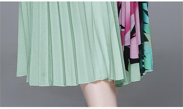 Vintage Print Pleated Short Sleeve Top and Pleated Skirt Fashion Two-Piece Suit