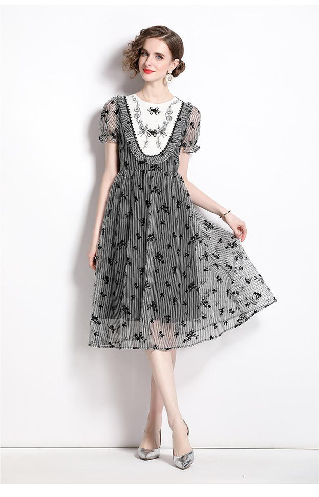 Temperament Elegant Round Neck Bubble Short Sleeve Slim Mid-Length Dress