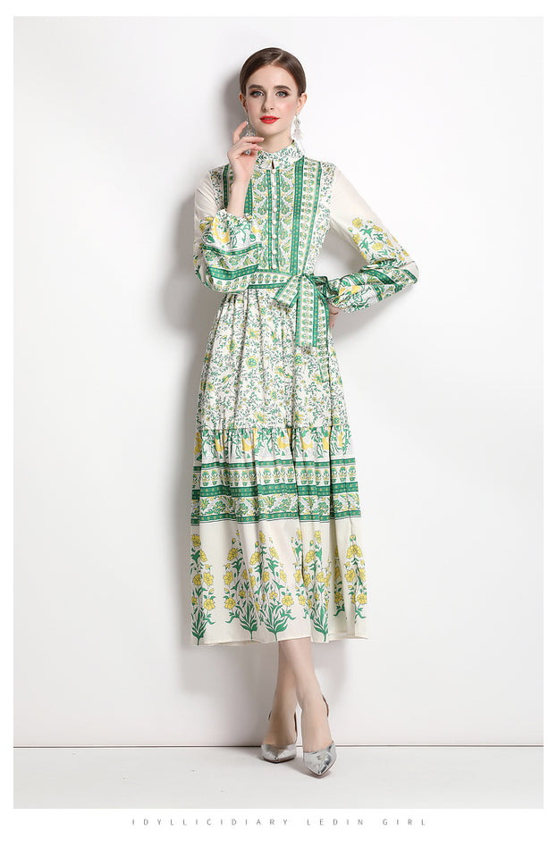 Fashion Retro Slimming Waist Collection Printed Temperament Full-Length Skirt Dress