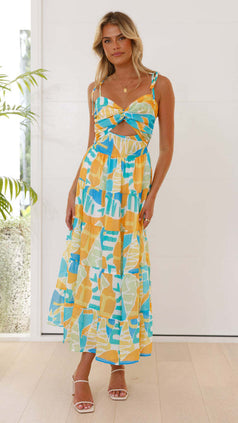 Summer Fashion Casual Printed Cutout Waisted Holiday-Style Slip Dress for Women