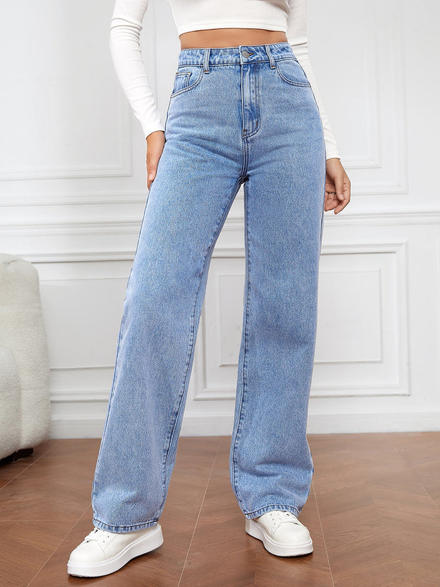 Summer Fashion Casual Loose Hight-Waist Washed Straight Denim Pant for Women