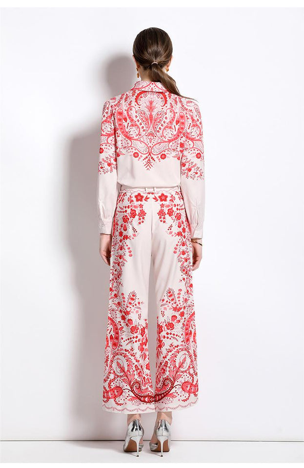 Women's Printed Temperament Two-Piece Suit Long-Sleeved Shirt and High-Waisted Flared Trousers