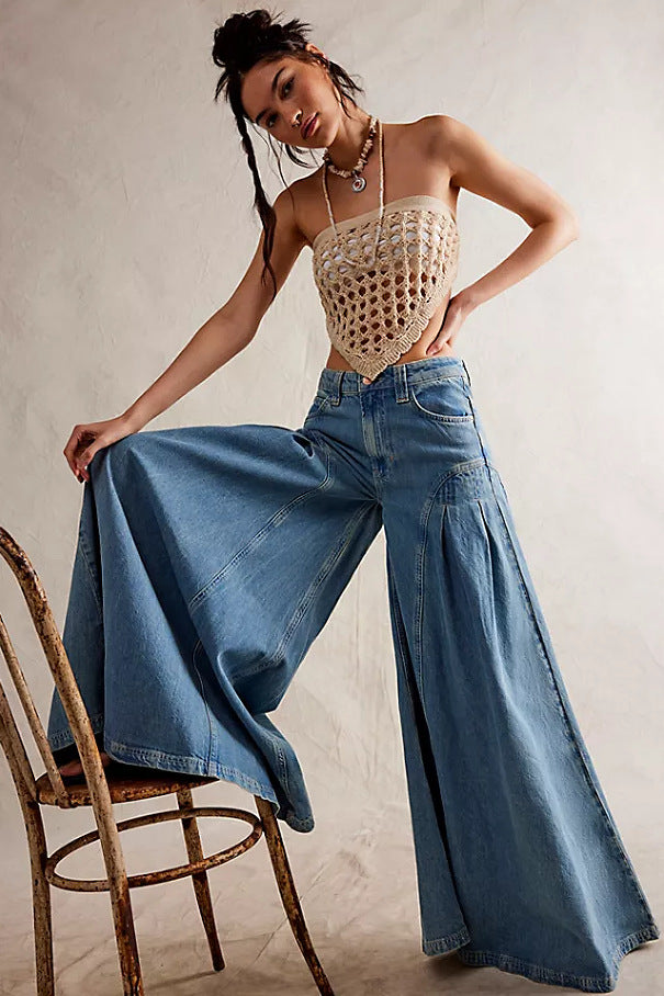 Fashion Casual Vintage-Style Middle-Waist Wide-Leg Denim Pant for Women