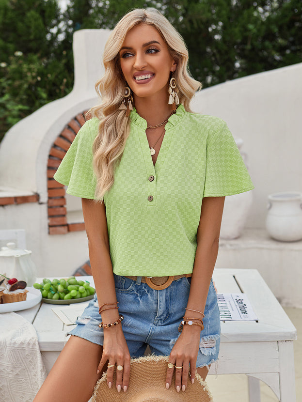 Summer Casual V-Neck Loose Short Sleeve Pure Colour Top for Women