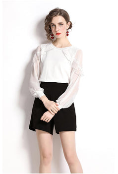 Ruffled Stitching Lantern Sleeves Hollowed Out Crew Neck Knitted to Show Thin Top and Black Shorts