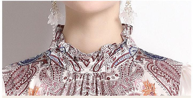Satin Antique Print Stand Collar Flared Sleeves Lace-Up Waist Pulled into Long Skirt