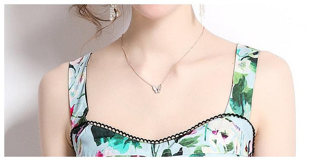 Vintage Sleeveless Short Style Chest Wrap Suspender and Printed High-Waisted Skirt Two-Piece Suit