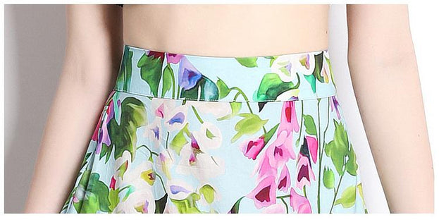 Vintage Sleeveless Short Style Chest Wrap Suspender and Printed High-Waisted Skirt Two-Piece Suit