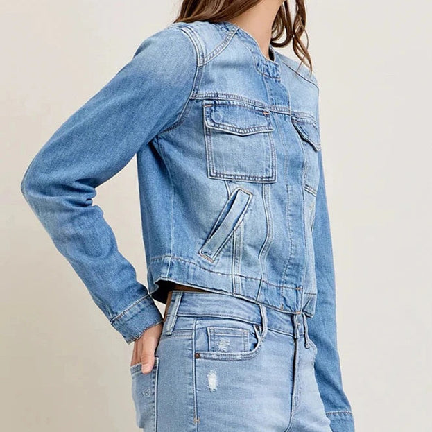Spring Fashion Versatile Casual Daily Round-Neck Short Denim Jacket for Women