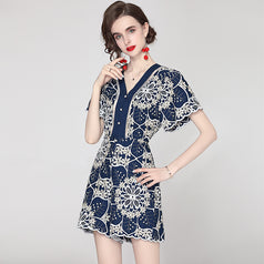 Temperament Elegant V-Neck Short Sleeve Embroidered Wide Leg Shorts Fashion Casual Jumpsuit