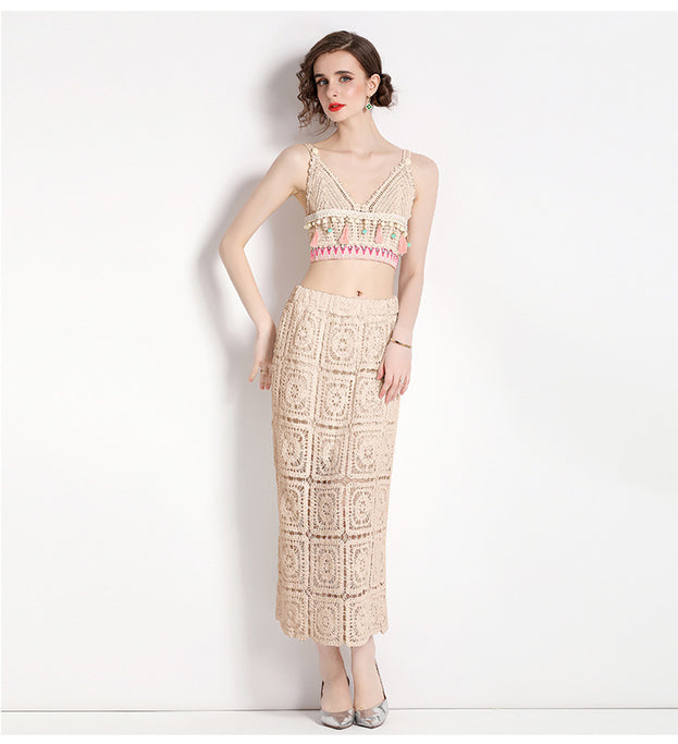 Hook Flower Embroidery Hollowed Out Short Style Suspender Top and Bag Hip Skirt Two-Piece Set