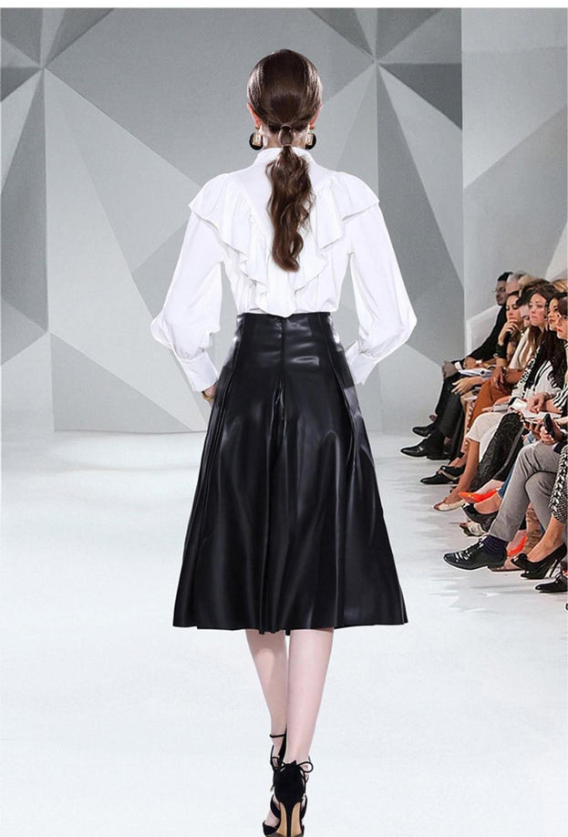 Solid Color Everything Chiffon Shirt and PU Retro Leather Skirt Half Skirt Two-Piece Set