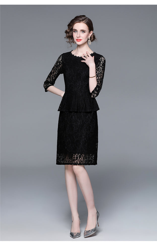 Temperament Elegant Lace Skirt Slim Slim Show Seven-Point Sleeve Mid-Skirt Dress