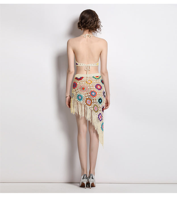 Hand Hook Knitted Hollowed Out V-neck Blazer Top and Irregular Fringed Skirt
