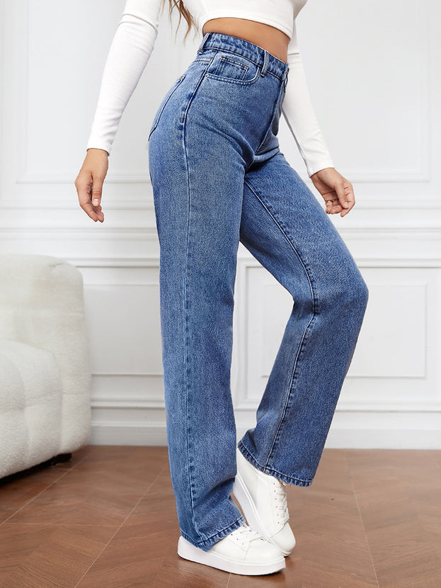 Summer Fashion Casual Loose Hight-Waist Washed Straight Denim Pant for Women
