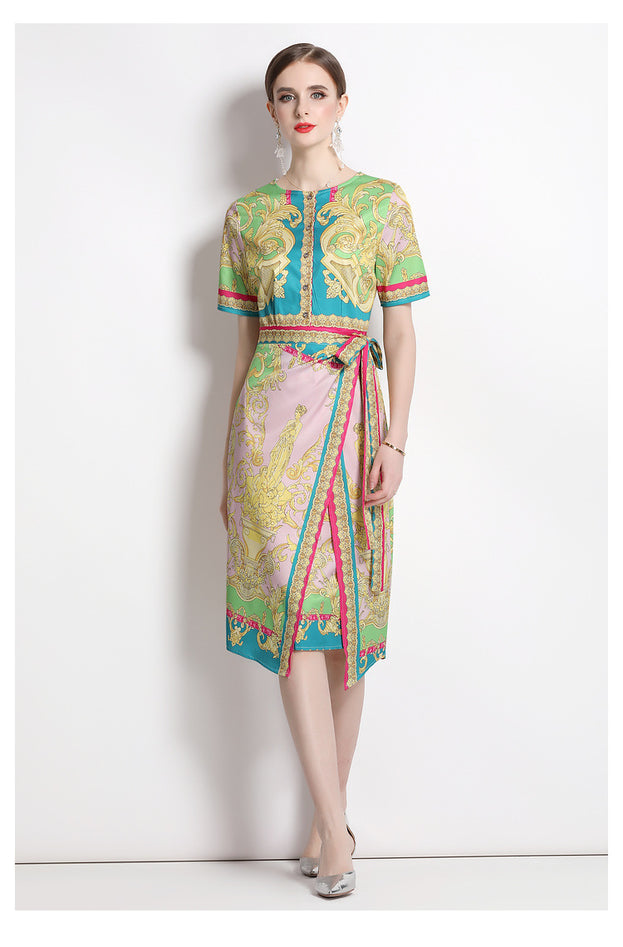 Vintage Print Print MIDI Dress with Waist Drawstring for Slimming
