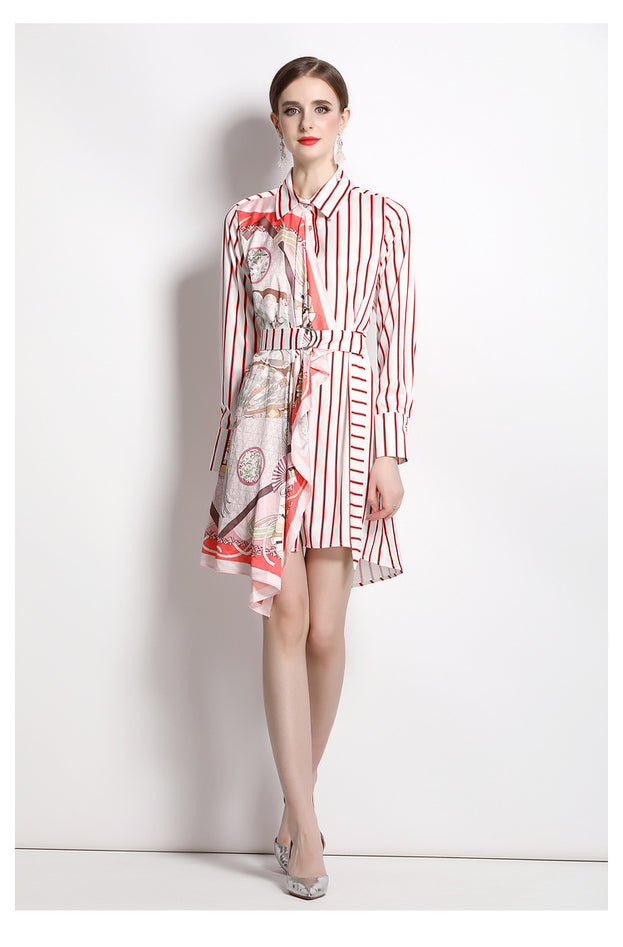 Striped Shirt Skirt Lapel Long Sleeve Tucked Waist A-Line Irregular Dress