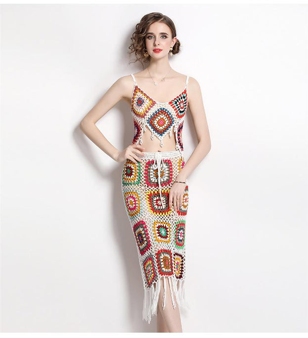 Tassel Hook Flower Knitted Suit Women's Halter Vest and Half Skirt Two-Piece Set