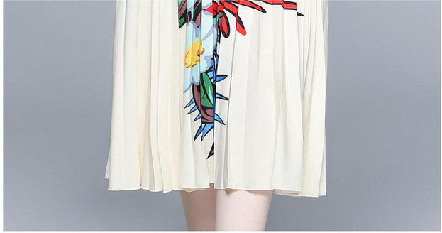 Vintage Print Pleated Short Sleeve Top and Pleated Skirt Fashion Two-Piece Suit