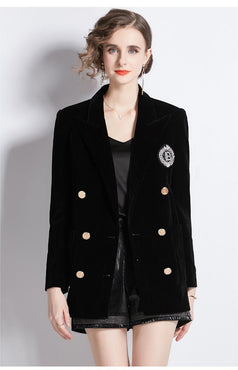 Black Canary Velvet Casual Double-Breasted Loose Mid-Length Blazer Coat