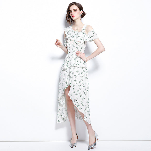 Light Luxury Small Person Summer Fashion Long Suspender Skirt Irregular Off-the-Shoulder Dress Female Summer