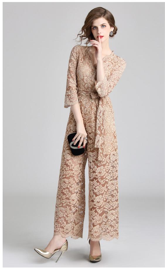 Lace Jumpsuit Women's Autumn Clothes New European and American Sexy V-neck Lace-Up Show Thin Trousers Wide Leg Pants