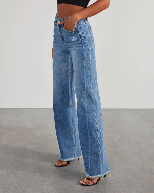 Summer Fashion Versatile Wide-Leg Washed Denim Pant with Frayed Edges for Women