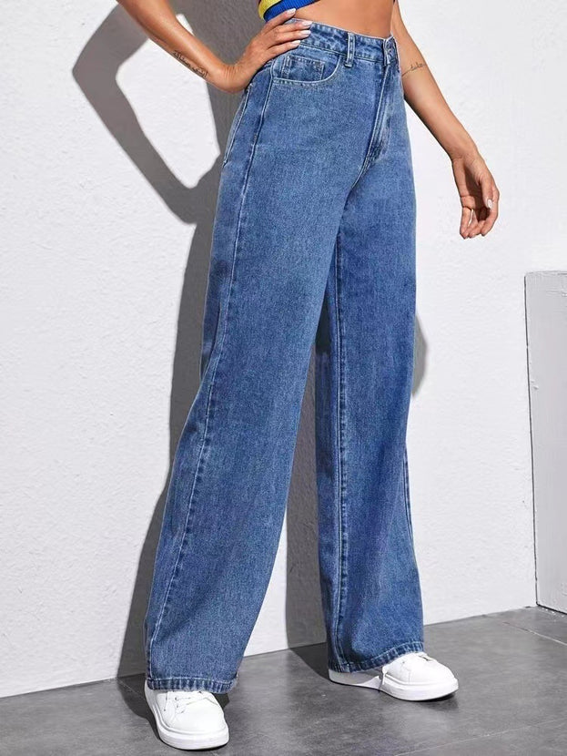 Spring Fashion Hight-Waist Loose Wide-Leg Straight Denim Pant for Women