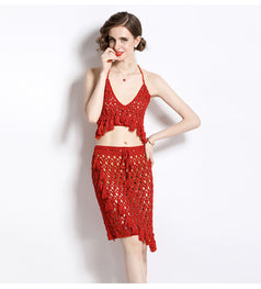 Resort-Style Hollowed Out Tassel V-Neck Strapless Suspender Top and Bag Skirt Two-Piece Set