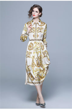 Vintage Printed Shirt Long-Sleeved Top and Pleated Skirt Two-Piece Suit