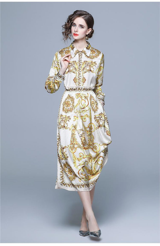 Vintage Printed Shirt Long-Sleeved Top and Pleated Skirt Two-Piece Suit