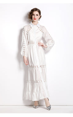 Girl Style Lapel Lantern Sleeve Single-Breasted Water-Soluble Lace Splicing Striped Long Dress