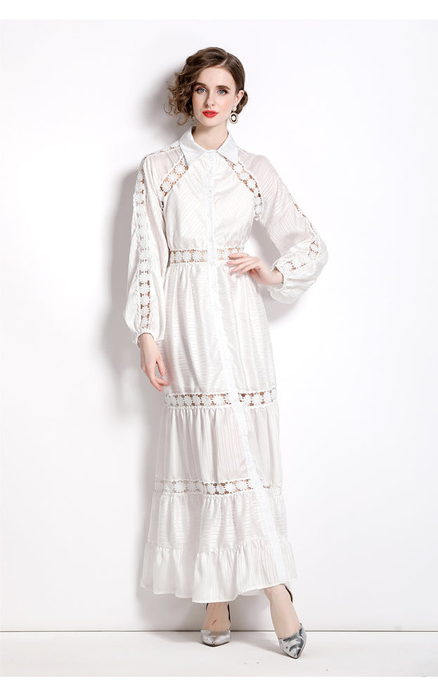 Girl Style Lapel Lantern Sleeve Single-Breasted Water-Soluble Lace Splicing Striped Long Dress
