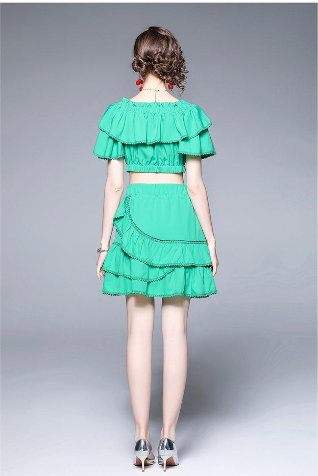 One Line Shoulder Wipe Chest Top and A Line Half Skirt Net Red Two-Piece Set