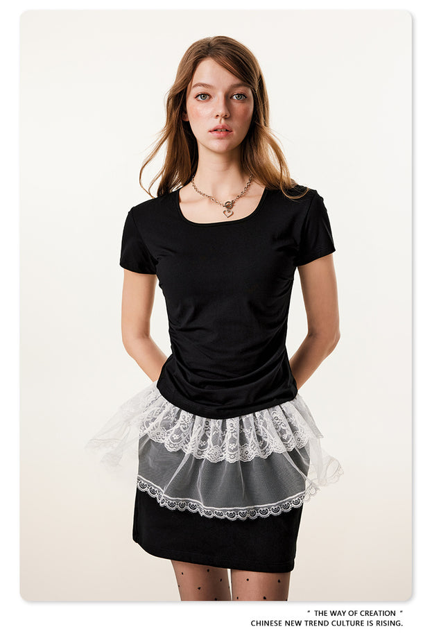 Summer Solid-color Square-neck Hot Girl Short-sleeved Slimming Top