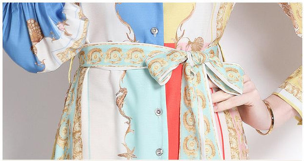 Temperament Skirt Stitching Clashing Color Print Long-Sleeved Slimming Retro Dress