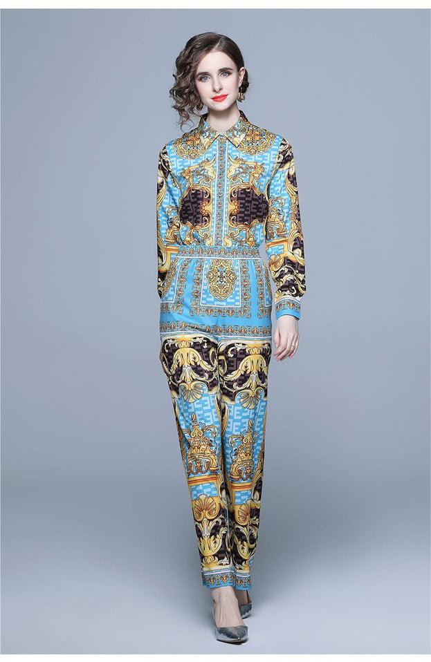French Retro Palace Print Long-Sleeved Shirt Wide-Leg Pants Suit Women's Two-Piece Autumn Clothes New