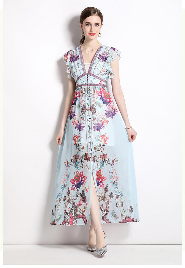 Resort Style Printed Chiffon Small Flying Sleeve V-Neck Dress Slim Long Skirt