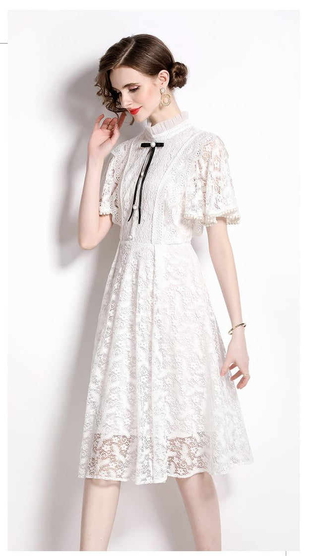 Retro Temperament Slimming Short-Sleeved MIDI Dress White Lace Dress