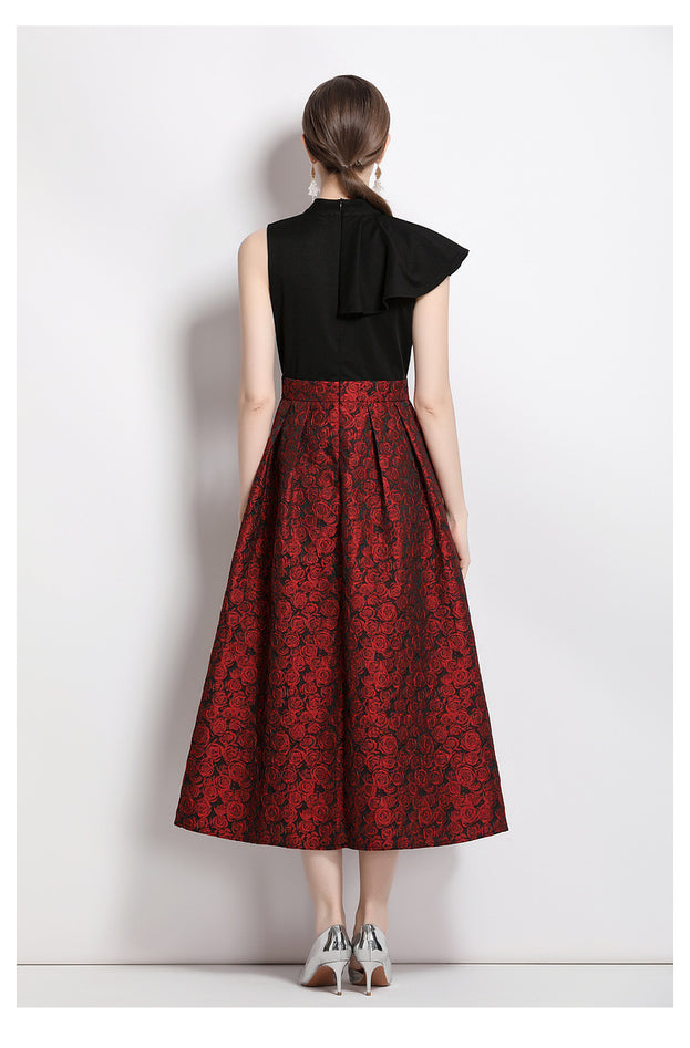 Vintage Stand-Up Collar Peplum Slim Slim Patchwork Jacquard Long Skirt Dress