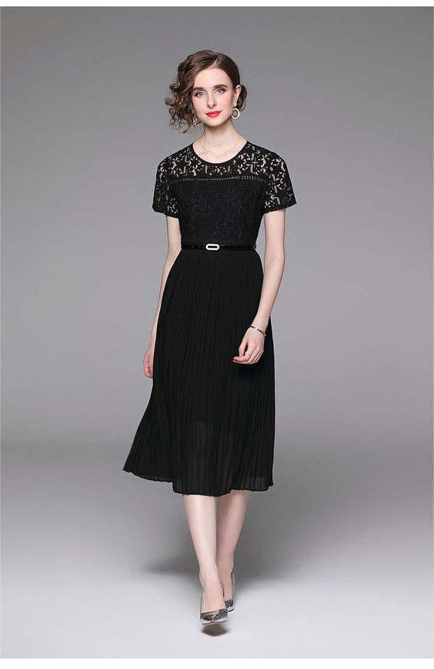 Elegant Crewneck Short Sleeve Lace Patchwork Pleated Dress