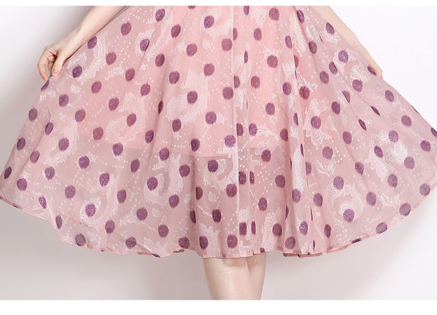 Wave Point Stand-Up Collar Lotus Leaf Sleeve Closed Waist Large Swing Temperament MIDI Dress
