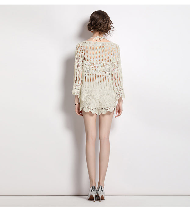 Lace Long-Sleeved Sunscreen Shirt and Small Halter Vest and High Waist Trimmed Shorts Three-Piece Suit
