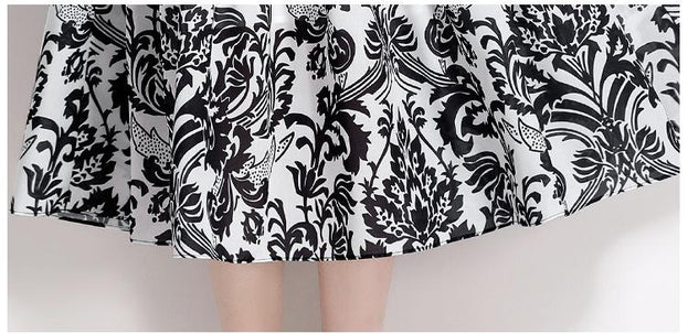 Vintage Print Short Sleeve Large Hem Slim Lapel Maxi Dress