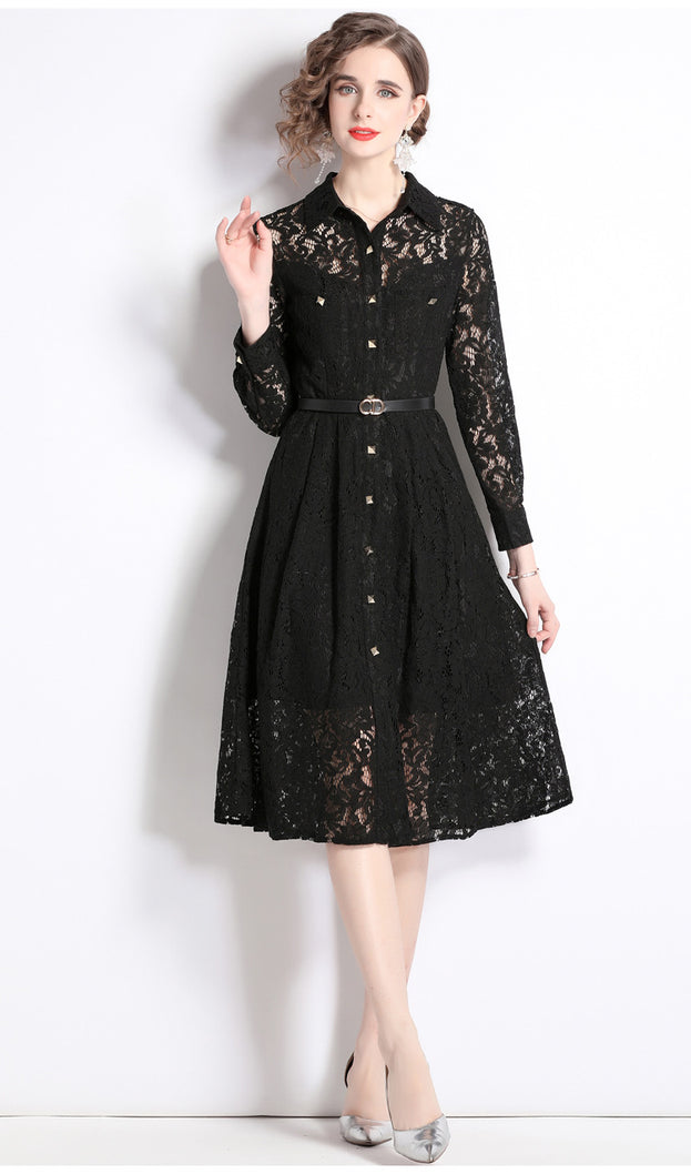 Long-Sleeved Lace Hem Pressed Pleated Metal Buckle Decoration Hollowed Out Mid-Length Dress
