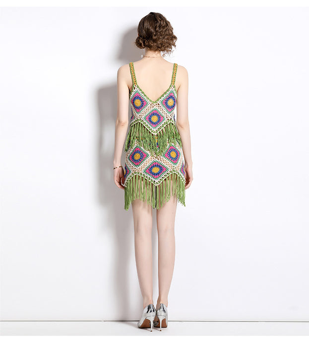 Hollowed Out Colorful Tassel Top and Skirt Two-Piece Set