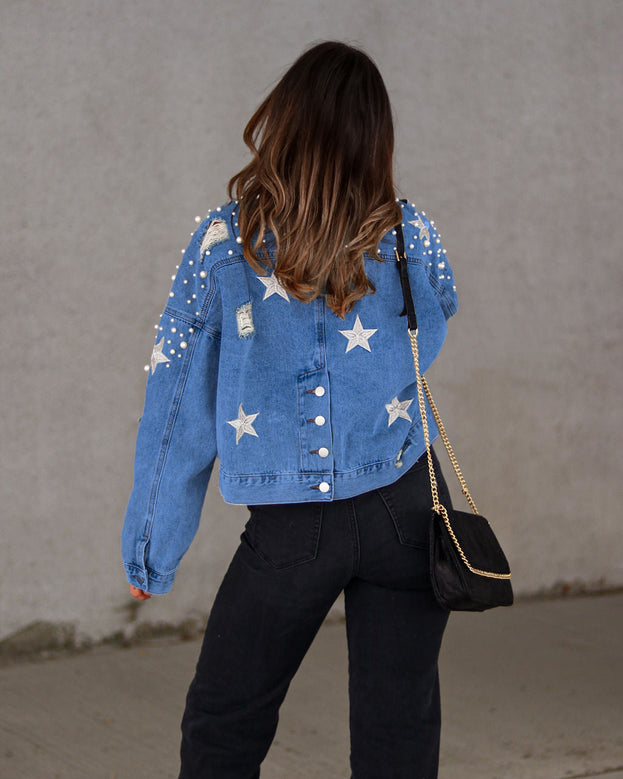 Spring Fashion Casual Loose Heavy Beaded Long Sleeve Denim Jacket for Women